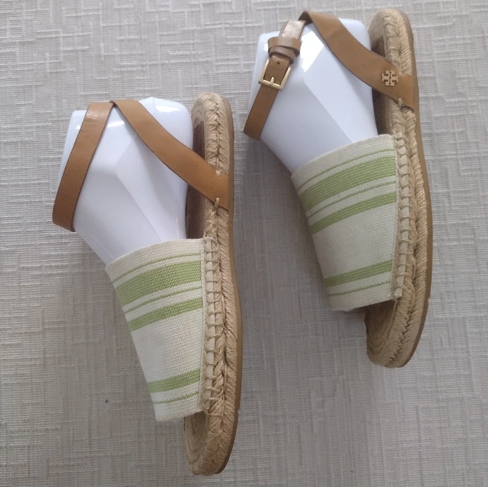 Tory Burch Logo Espadrille Sandals Shoes Womens Sz 8.5 Brown Green Beige Strappy